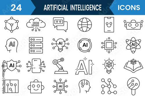 Artificial Intelligence icons set. Outline icon of AI, digital, brain, technology, machine learning and more.  Vector illustration.