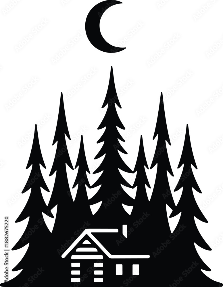 Obraz premium Minimal vector silhouette, small cabin in the woods with pine trees and a crescent moon above, solid black, isolated on white.