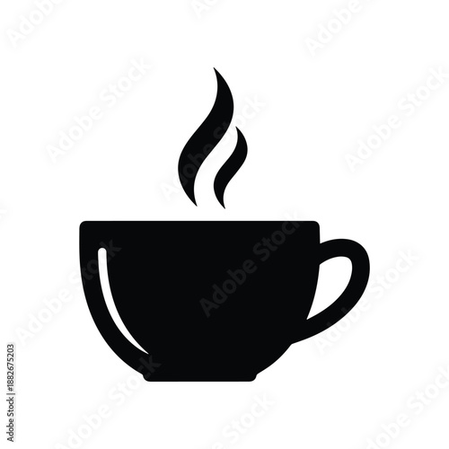 A simple black silhouette of a steaming cup of coffee or tea, perfect for representing hot beverages and relaxation