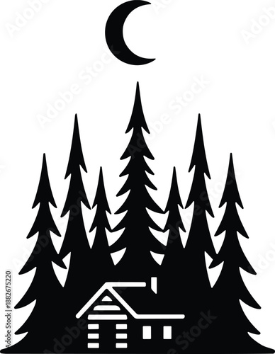 Minimal vector silhouette, small cabin in the woods with pine trees and a crescent moon above, solid black, isolated on white.