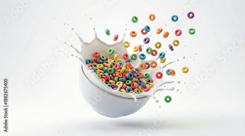 Colorful Fruit Cereal Rings Splashing into White Bowl with Milk