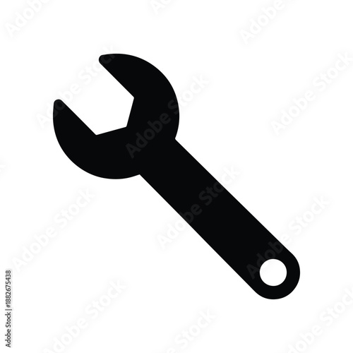 A simple black silhouette of a wrench, a common tool used for tightening and loosening nuts and bolts, symbolizing repair, mechanics, and DIY projects