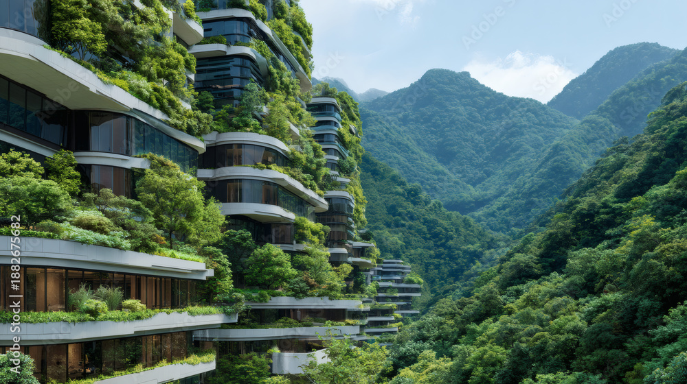 Fototapeta premium Sustainable architecture green building eco friendly modern apartment vertical garden mountain landscape lush forest nature integration futuristic design urban oasis harmonious sustainable