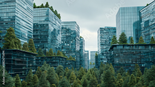 Wallpaper Mural Green city modern architecture glass building office tower urban forest sustainable design eco friendly tree rooftop garden nature business district skyline park green roof cityscape downtown Torontodigital.ca