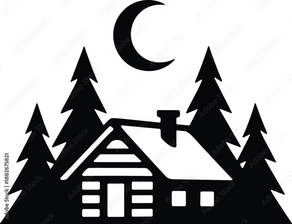 Obraz premium Minimal vector silhouette, small cabin in the woods with pine trees and a crescent moon above, solid black, isolated on white.