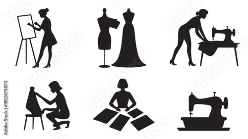 Fashion Designer Creating Dress, Silhouette Icons