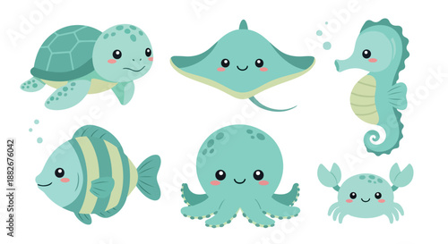 Sea creatures collection with transparent background