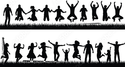 Happy family silhouettes jumping together on grass, joy, unity and togetherness concept, parents and children celebrating life, black and white illustration