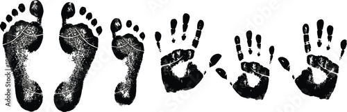 Human footprint and handprint grunge silhouettes set, identity and presence concept, forensic trace and human impact symbolism, black and white textured illustration