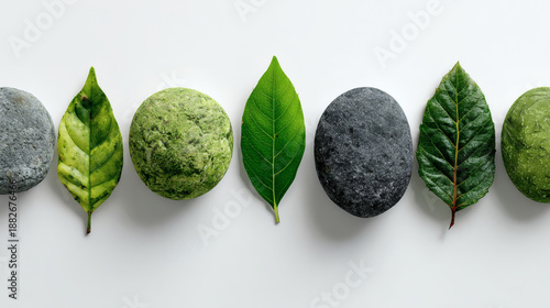 Wallpaper Mural Green leaf nature zen stone balance spa wellness meditation harmony ecology tranquil line of green leaf and smooth stone white background for wellness spa nature balance and calm meditation concept Torontodigital.ca