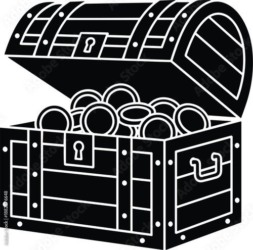 Minimal vector silhouette, open treasure chest filled with gold coins spilling out, bold solid black shape with clean edges, isolated on white background.