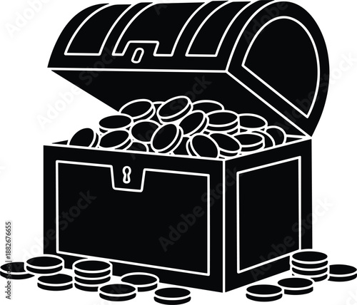 Minimal vector silhouette, open treasure chest filled with gold coins spilling out, bold solid black shape with clean edges, isolated on white background.