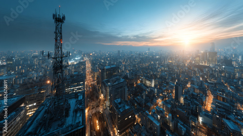 Wallpaper Mural Urban cityscape smart city sustainable business green city skyline sunset communication tower aerial downtown modern architecture city light high rise office building technology infrastructure Torontodigital.ca