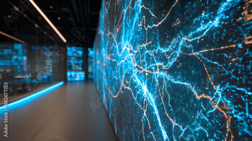 Wallpaper Mural Futuristic data center digital network cyber security blue light neon line server room technology innovation abstract modern office digital wall display glows with dynamic blue network lines Torontodigital.ca