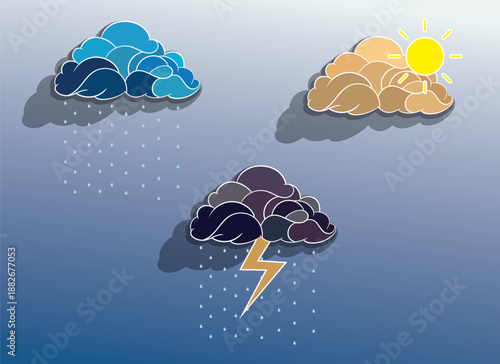 Weather icon set. Paper cut weather icons set on blue background. Winter and summer symbols, sun and thunderstorm stickers.