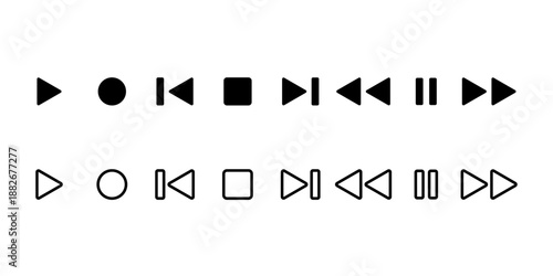 Media player icon set, controls, play, pause, stop, record, rewind and forward, vector, illustration
