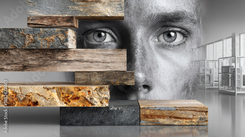 Wallpaper Mural Sustainable business concept sustainable material human face stone texture wood plank modern interior surreal art environmental design creative composite thoughtful expression layered surreal Torontodigital.ca