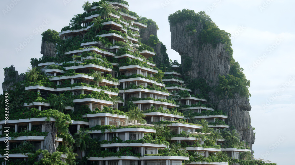 Fototapeta premium Eco resort mountain sustainable tourism green architecture tropical forest luxury hotel cliff landscape nature conservation modern building rainforest retreat eco friendly design. Eco resort