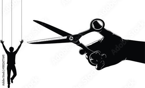 Cutting strings manipulation concept with scissors and hanging human silhouette, freedom from control, power and liberation symbolism, dramatic black and white illustration