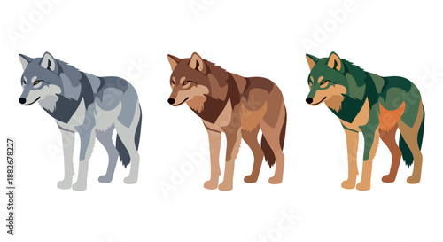 Three wolves in different colors with transparent background