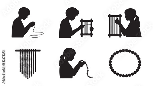 Silhouette People Weaving Beads on Loom Making Jewelry