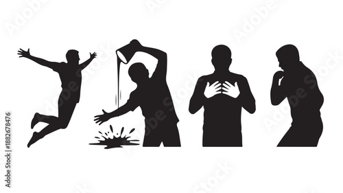 Silhouette of Four People Expressing Emotions on White Background