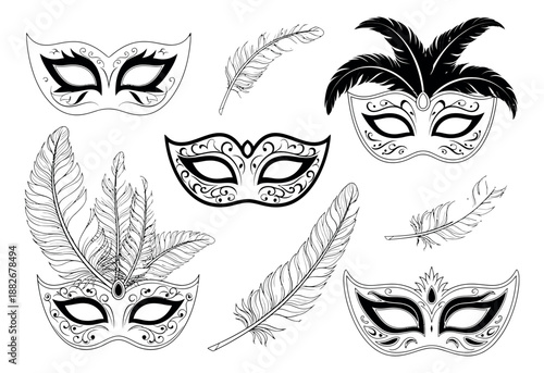 Hand drawn carnival masks and feathers set featuring decorative elements for festive celebrations