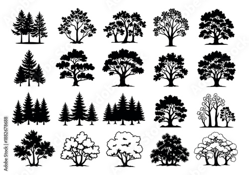 Silhouette tree set featuring diverse deciduous and coniferous trees for nature themed designs