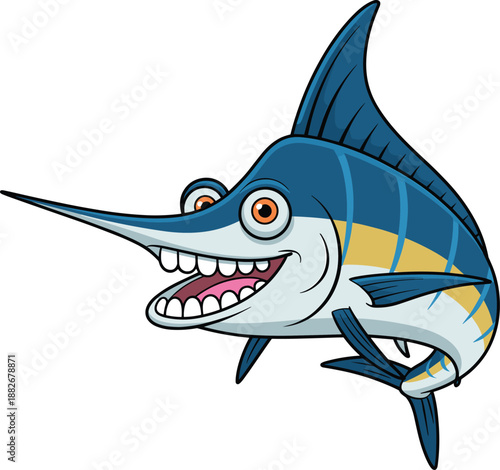 Cartoon marlin fish with a wide open mouth and big eyes, smiling and looking excited ocean marine