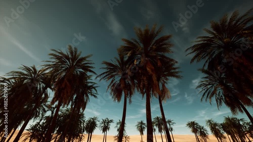 Wallpaper Mural silhouetted palm trees at dusk, cinematic drone pan across tropical grove with deep teal sky and wispy clouds, warm golden horizon, swaying fronds creating Torontodigital.ca