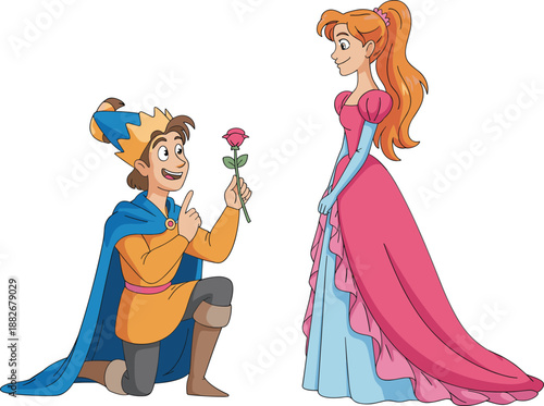 Cartoon prince on one knee offering a rose to a princess in a pink gown Keywords: prince, princess, fairy tale, romance, love, rose, flower, offering, kneeling, proposal