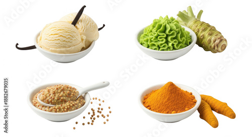 Ice cream vanilla with vanilla bean wasabi mustard seeds turmeric transparent background