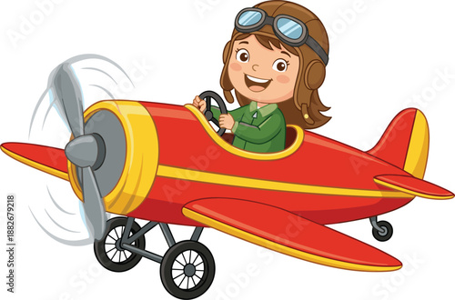 Cheerful cartoon girl wearing aviator hat and goggles flying a red and yellow airplane Keywords: airplane, pilot, girl, child, cartoon, flying, aviation, travel, adventure, joy