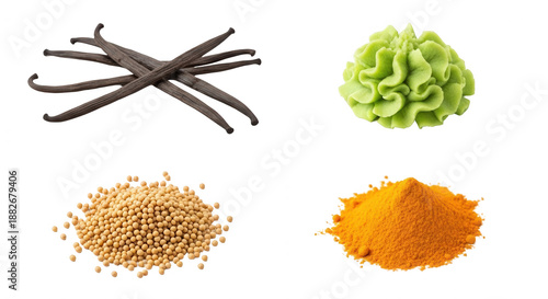 Vanilla beans wasabi mustard seeds and turmeric powder isolated ingredients transparent background