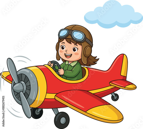 Cheerful young girl wearing aviator hat and goggles flying a red and yellow cartoon airplane pilot