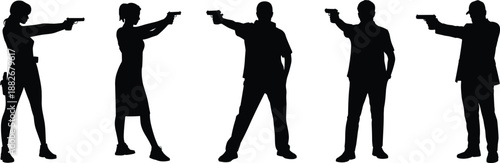 Armed people silhouettes set featuring men and women aiming handguns in standing poses isolated on white background for security, law enforcement, and action design use