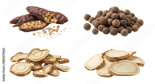 Variety of spices cacao pods allspice berries and sliced roots transparent background