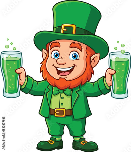 Joyful cartoon leprechaun in green attire and hat, presenting two glasses of effervescent green drink, white background