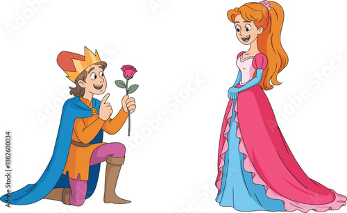 Prince on one knee offering a rose to a princess in a long gown king queen