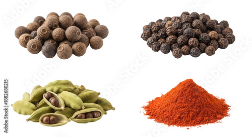 Various spices close up shot isolated on transparent background culinary ingredients