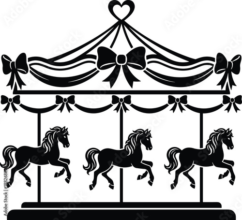 Carousel silhouette, amusement ride, vintage fairground, horse illustration, black and white, whimsical design, nostalgic theme, decorative vector, playful art, symmetrical composition