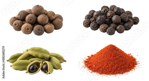 Various spices close up view food ingredients transparent background