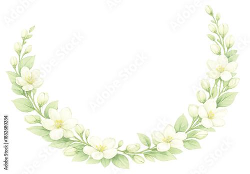 Watercolor jasmine half floral wreath isolated on transparent background