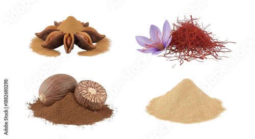 Various spices display anise star saffron nutmeg culinary ingredients transparent background