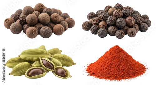 Various spices display food ingredients isolated culinary concept