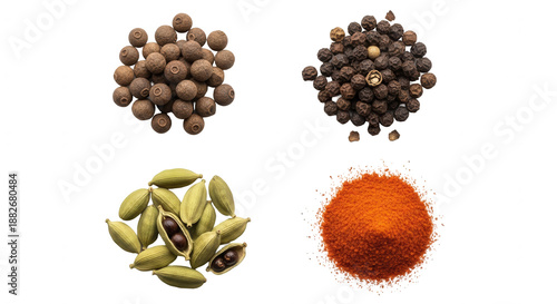 Various spices display food ingredients isolated transparent background
