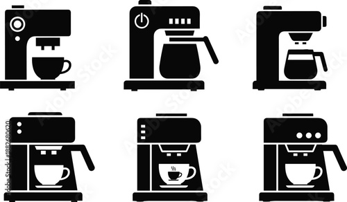 Coffee machine icon set, black and white vector, kitchen appliance illustration, espresso maker, brewing device, hot drink, cafe equipment