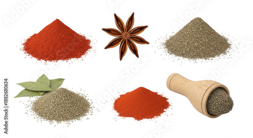 Various spices displayed close up food ingredients culinary preparation