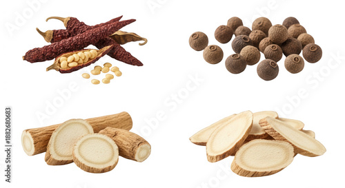 Various spices displayed close up food photography fresh ingredients