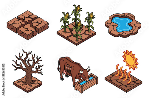 Isometric hand drawn drought set featuring cracked earth, a dead tree, withered corn plants, a dried pond, a thirsty cow, and the scorching sun for environmental awareness